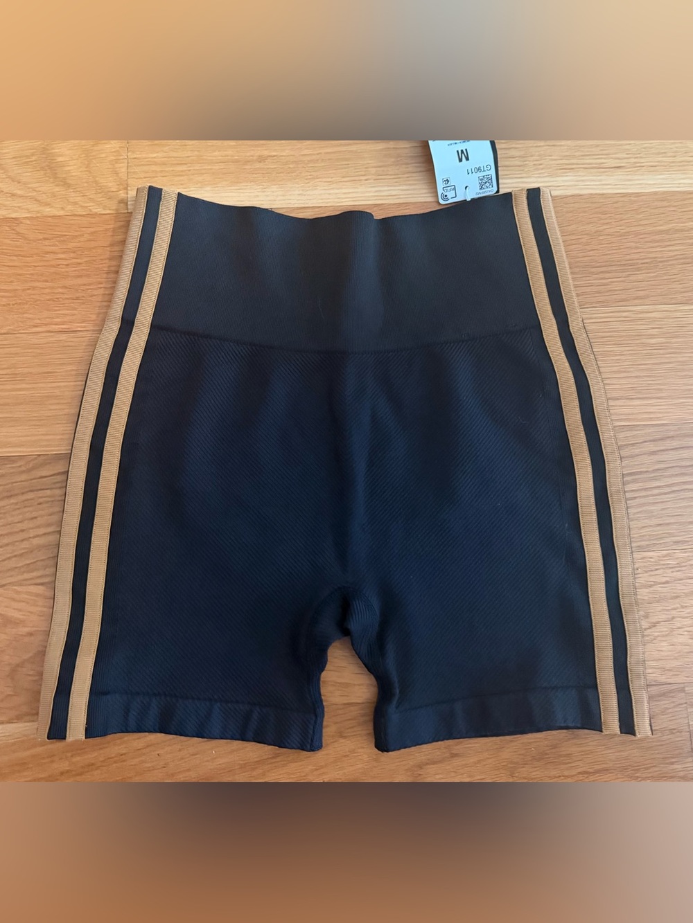 Black High-Waist Athletic Shorts with Tan Side Stripes